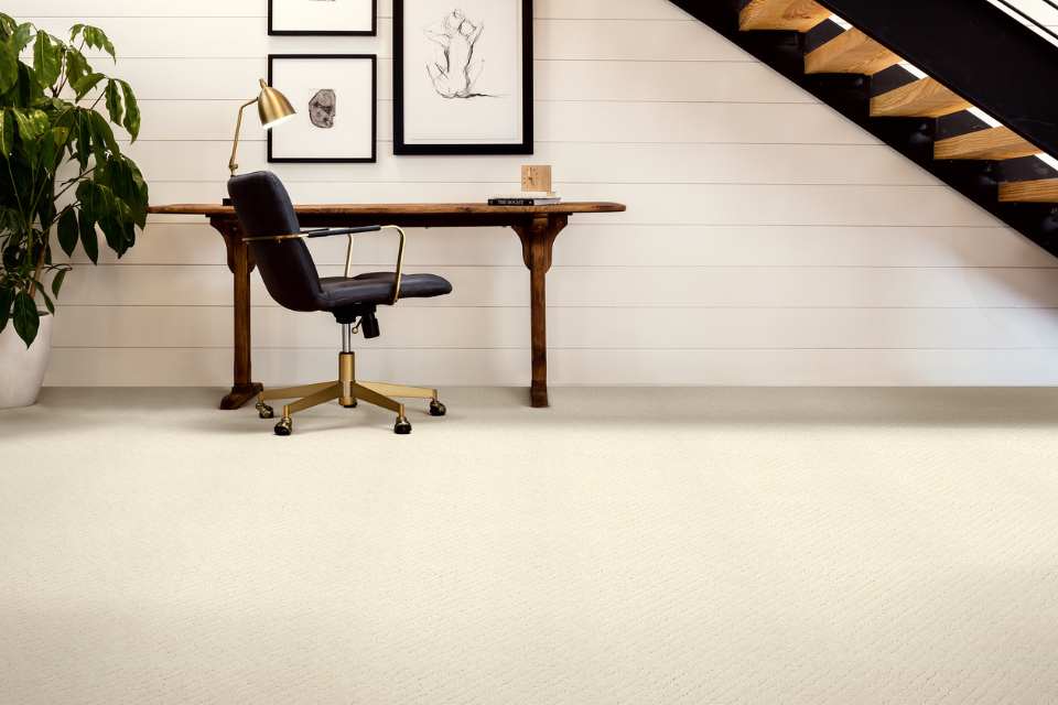 white patterned cut and loop pile carpet in home office under stairs